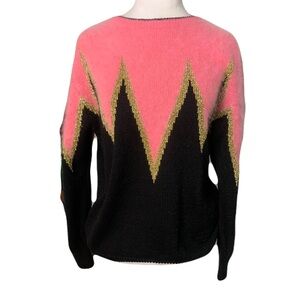 Vintage 90s-00s Black Gold Pink Angora Blend Women’s Medium Soft Zigzag Sweater